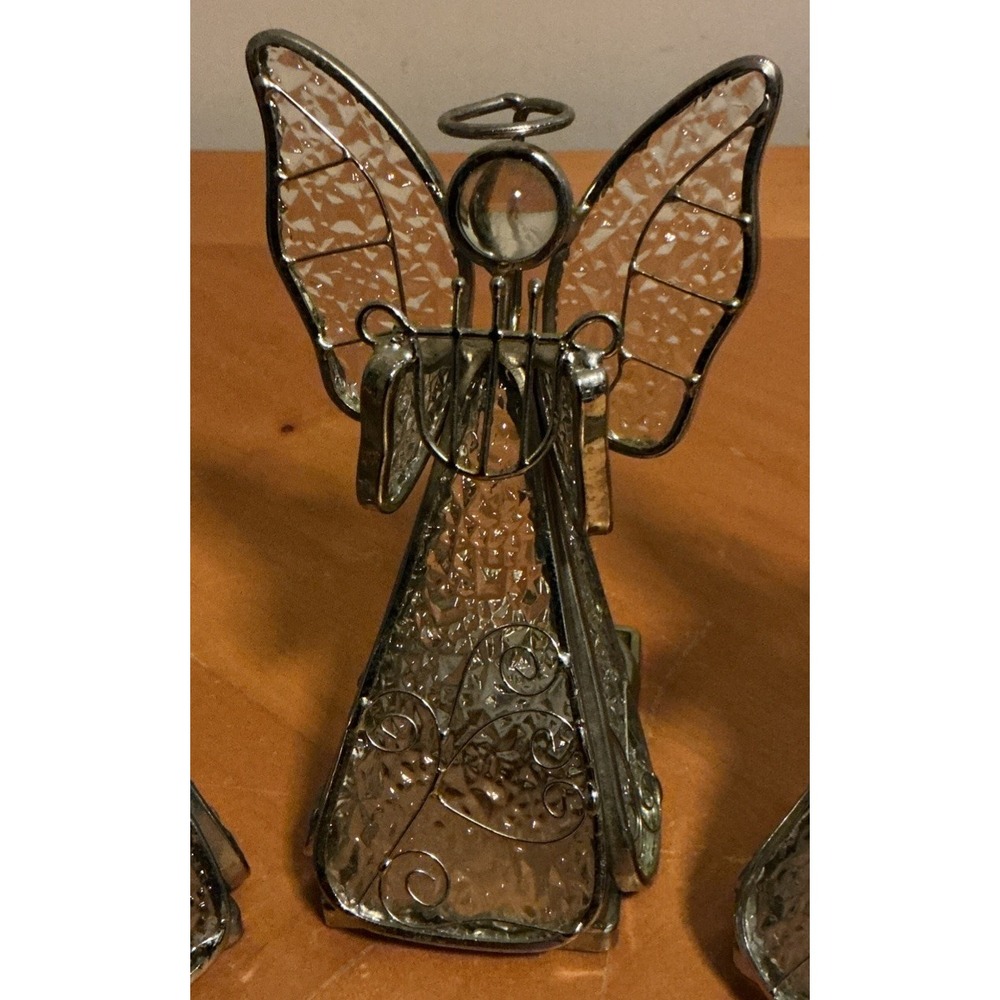 Set Of 3 Textured‎ Glass Angel Figurine Tealight Holder Holding Instruments - Picture 3 of 14